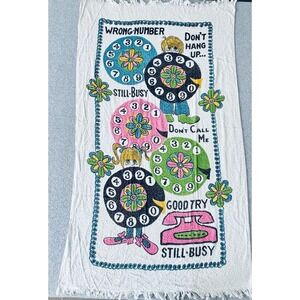 Vintage 60s Cannon Cotton Fringed Beach Towel - Wrong Number Don't Hang Up Phone
